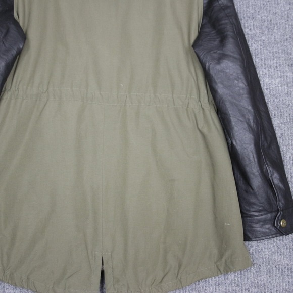 Steve Madden Women Olive Green Faux Leather Sleeve Anorak Utility Parka Jacket L - Picture 7 of 9